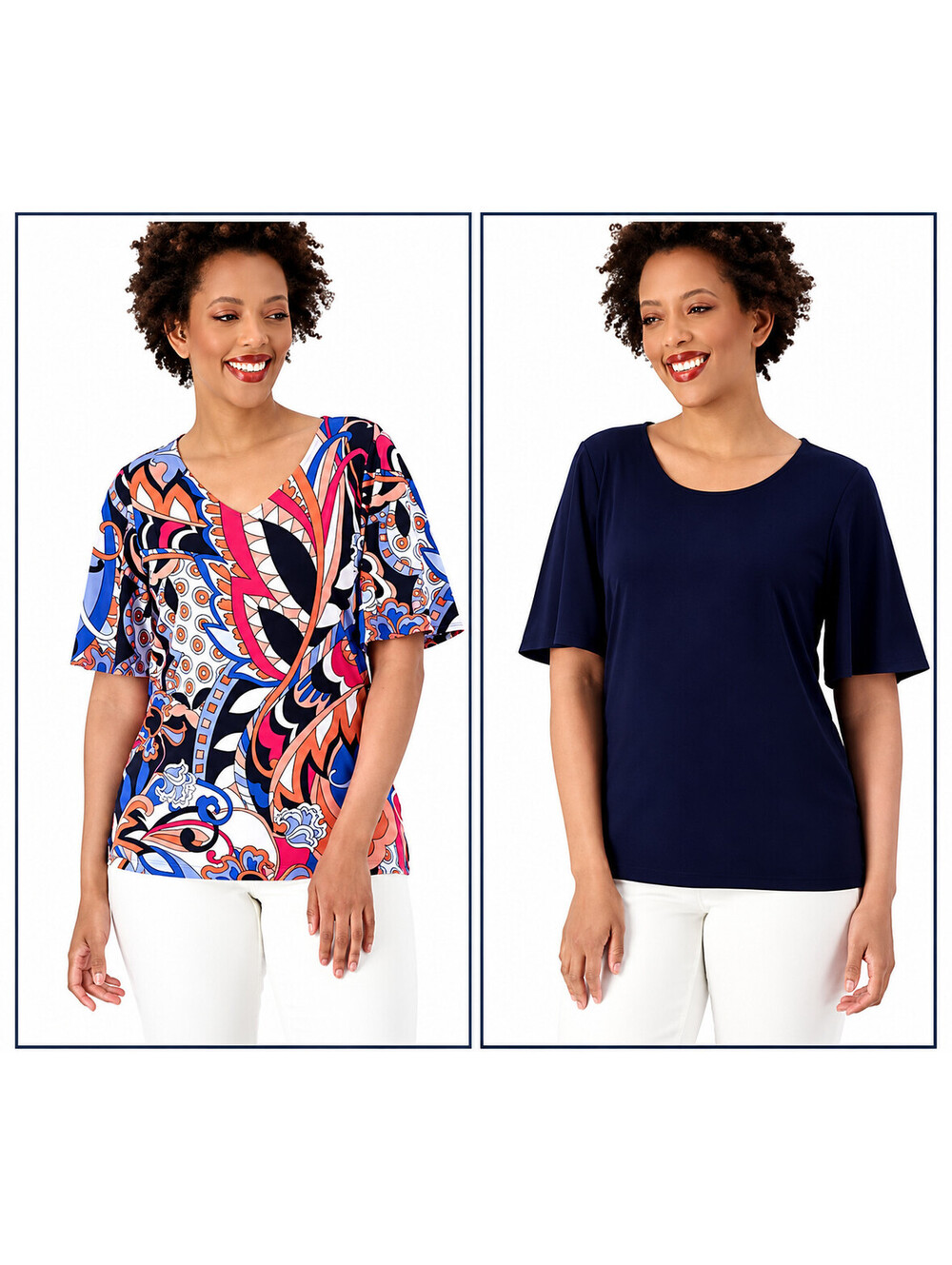 Susan Graver Set of Two Print & Solid Liquid Knit Top Americana/Navy, Medium